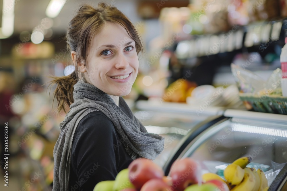 Fototapeta premium Smiling saleswoman attending customer in supermarket