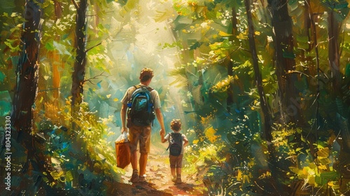 A father and son are walking through the woods holding hands. The sun is shining through the trees. © Rattanathip