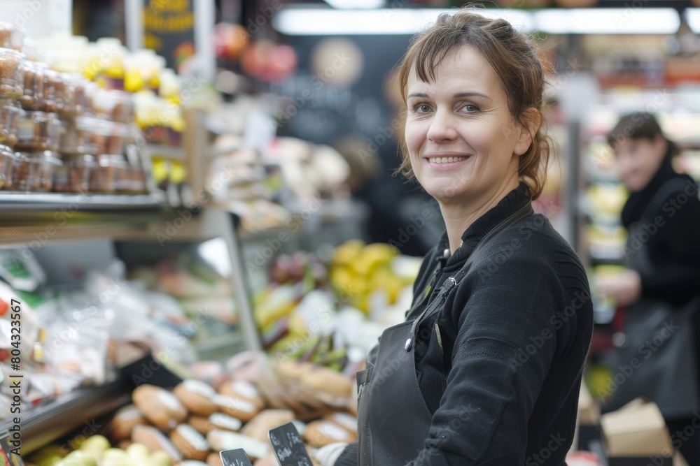Smiling saleswoman attending customer in supermarket