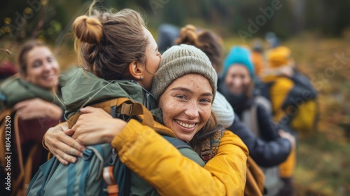 A group of young women are hiking in the woods. They are smiling and hugging each other.