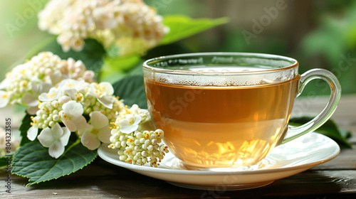 Cup of healthy viburnum tea on table