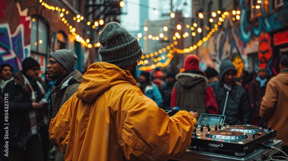 A man in a yellow jacket is playing music at a festival