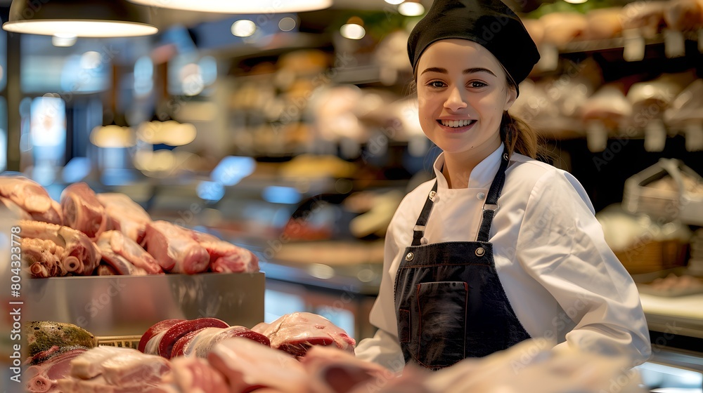 Young female butcher smiling at the camera in a modern meat shop. Clean, professional and friendly service. Fresh produce displayed. AI