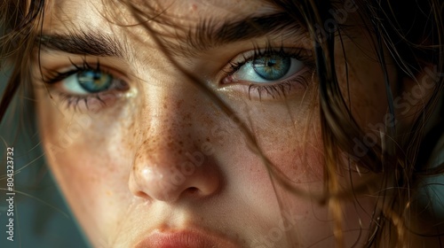 A close-up portrait of a young woman with freckles, blue eyes, and wet hair.