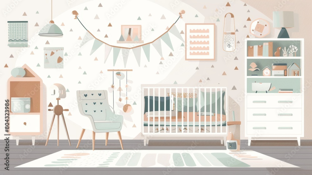 A gender neutral baby nursery with a crib, a rocking chair, a dresser, and a bookshelf. The walls are decorated with triangle garlands and the floor has a triangle patterned rug.
