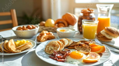 Delicious and beautifully presented breakfast on the table in cozy and warm setting