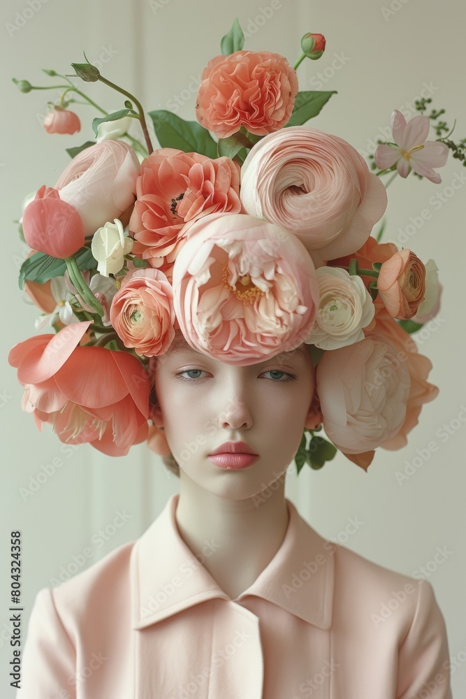 A woman wearing a hat made of pink and peach flowers.