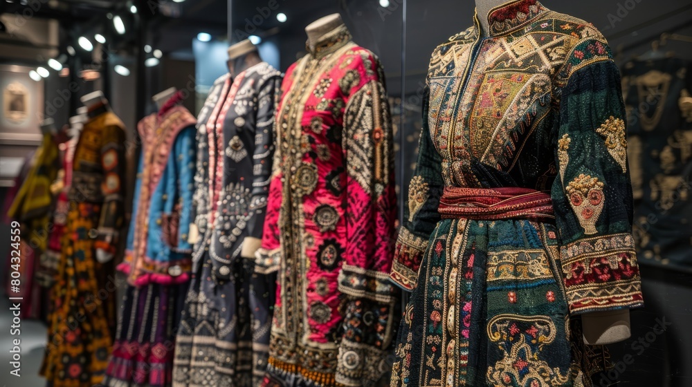 A row of mannequins wearing traditional Ottoman Turkish clothing