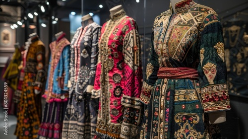 A row of mannequins wearing traditional Ottoman Turkish clothing