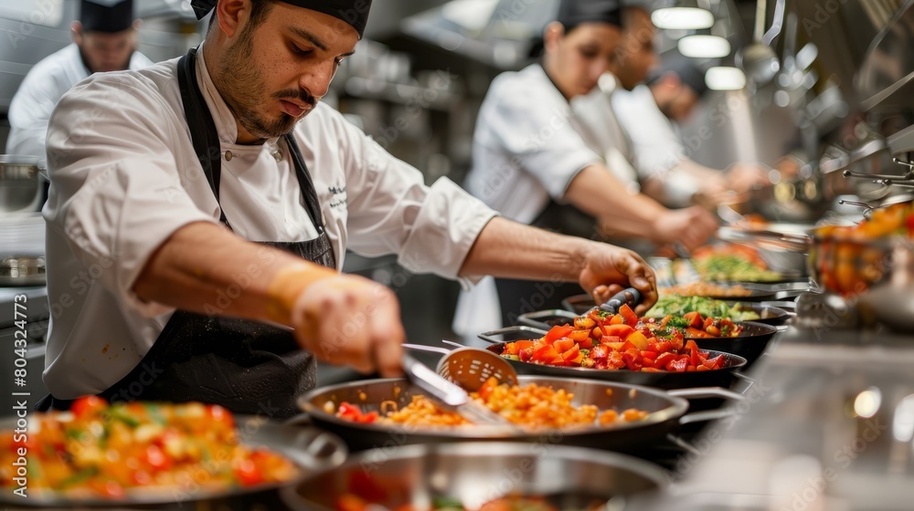 A chef is cooking in a commercial kitchen.