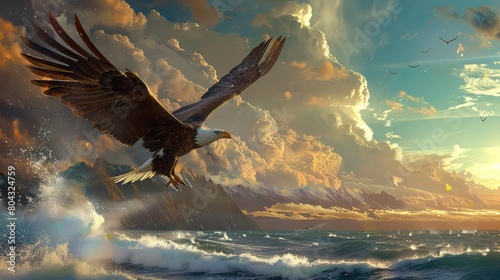 Eagle flying on the sea