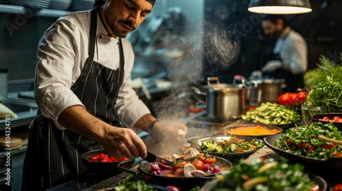 A chef is cooking in a commercial kitchen.