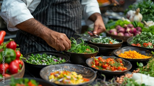 A chef is preparing a buffet of salads.
