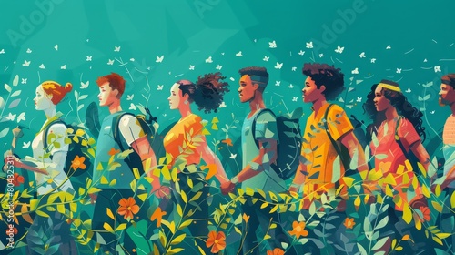 Fototapeta Naklejka Na Ścianę i Meble -  A group of diverse people walking through a lush green field, holding hands and surrounded by flowers and butterflies.