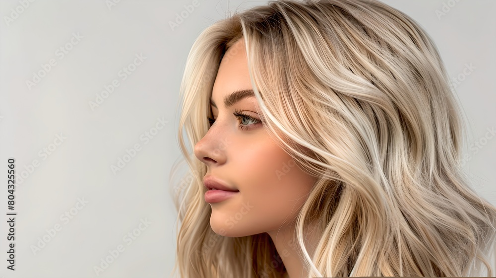 Elegant Blonde Woman in Profile, Modern Digital Artwork, Fashion and Beauty Concept with a Neutral Background. High-Quality Rendering for Design Use. AI