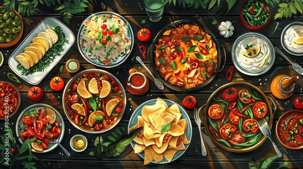 A table full of delicious food, including pizza, pasta, salad, and more.