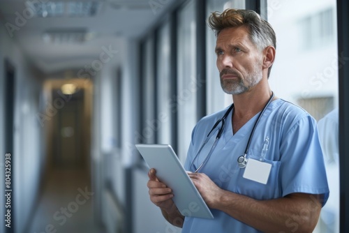 Thoughtful mid adult male nurse holding digital tablet while looking through window in corridor at hospital