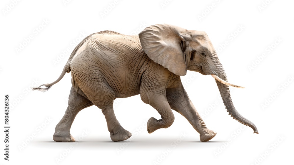 Fototapeta premium Majestic African Elephant in Motion on a White Background. Ideal for Educational and Marketing Materials. High-Quality Wildlife Image. AI