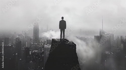 A businessman stands at the edge of a cliff, facing a chasm that symbolizes the risks of business decisions, distant view, poetic photo
