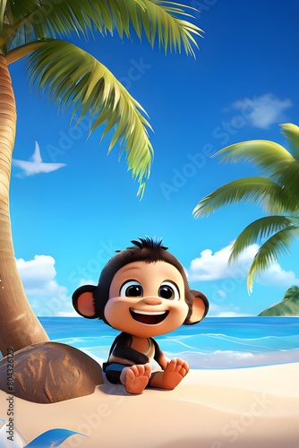 AI Generated Realistic 3D Illustration Of A Mongkey On The Beach Against A Bright Blue Sky photo