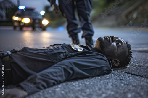 Injured police officer lying on the ground with a colleague and patrol car lights in the background. photo