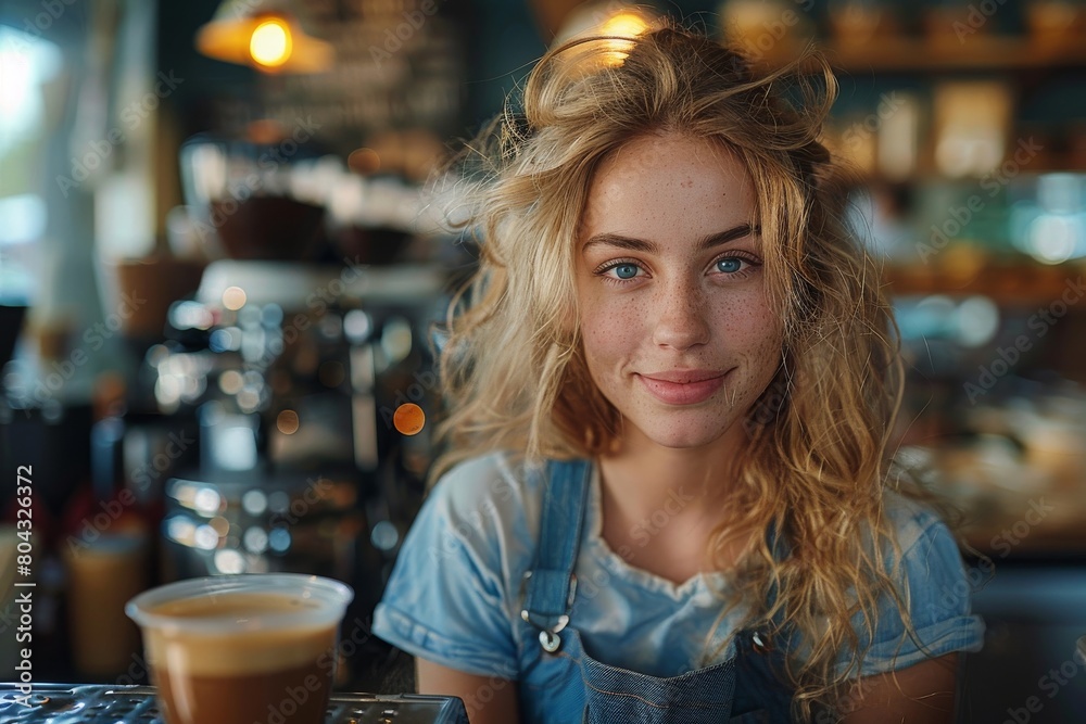 Young smiling woman with freckles enjoying a cup of coffee in a trendy cafe Young smiling woman with freckles enjoying a cup of coffee in a trendy cafe
