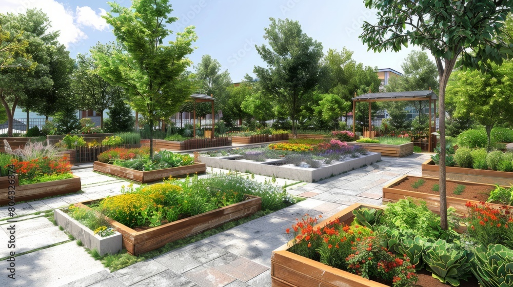 A community garden with raised beds, flowers, and trees