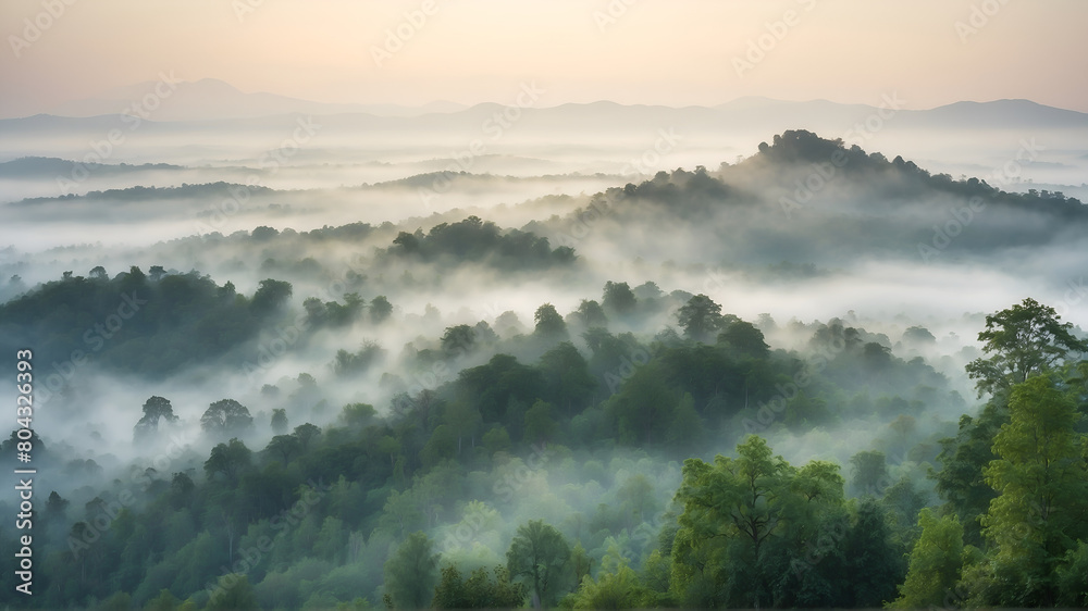 Aerial view of misty forest at morning 