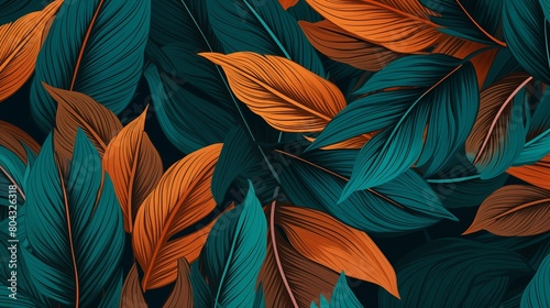 Abstract background of Stylized Orange and Teal Leaves Pattern.