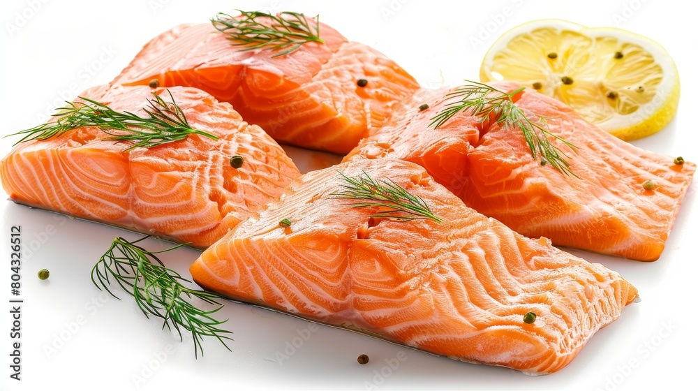 Fresh raw salmon fish cut into pieces on wooden table for sale in seafood market