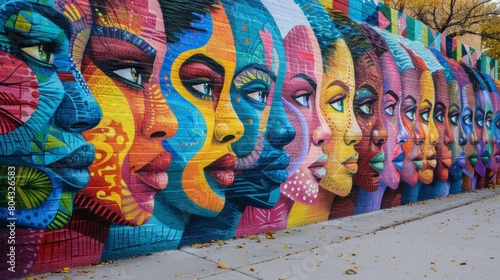 A mural of colorful portraits of black women.