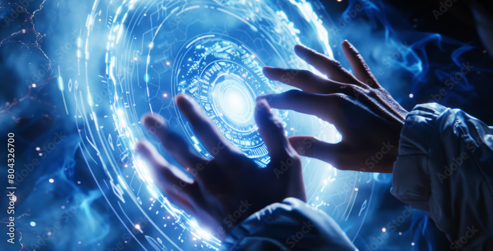 hands touching a digital holographic circular background hands touching a digital holographic circular background