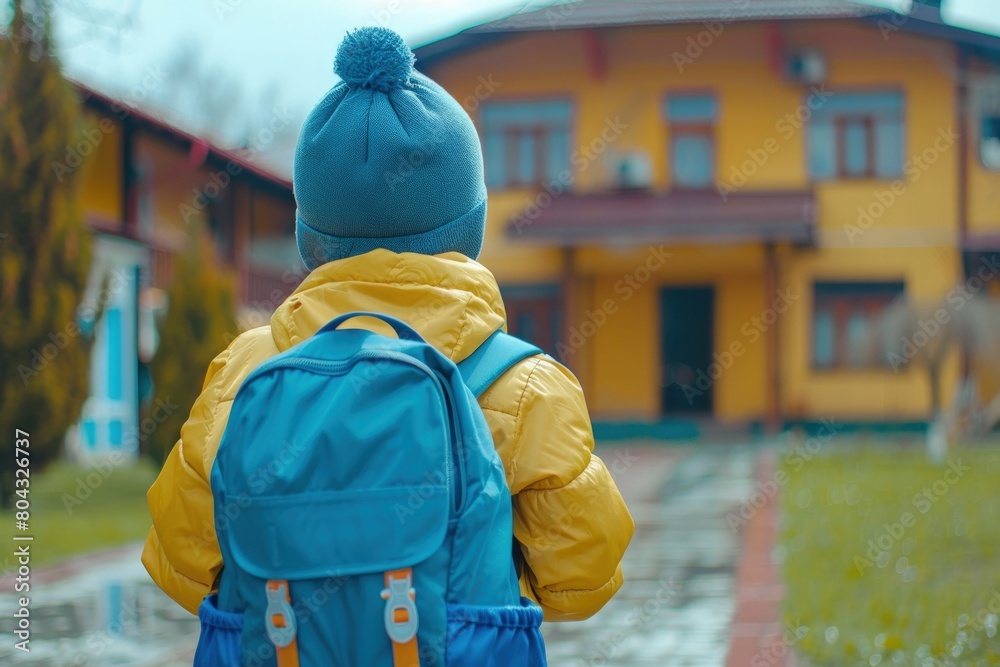 Child on his back with school backpack, school in the background, Back to School, School students, Kids Education, Kids Students.