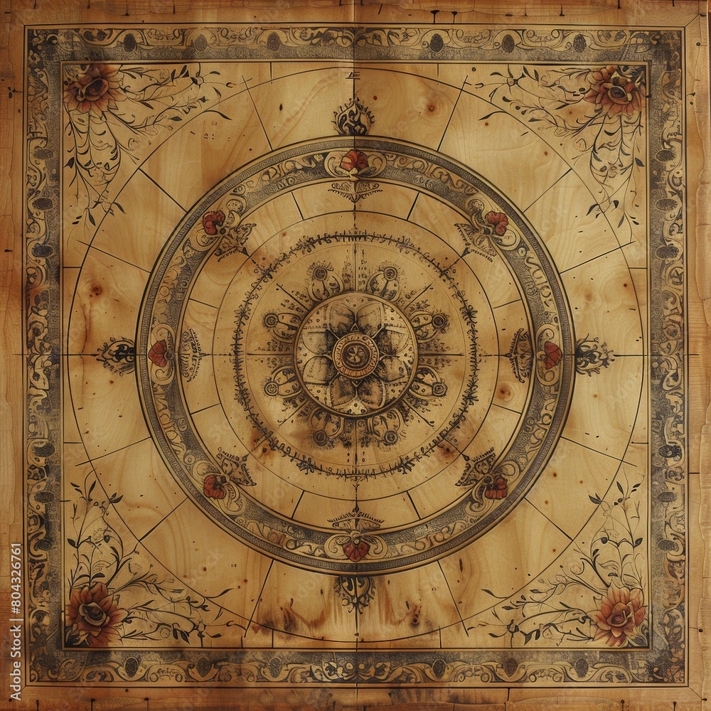 A wooden floor with a circular pattern in the center. The pattern is ...