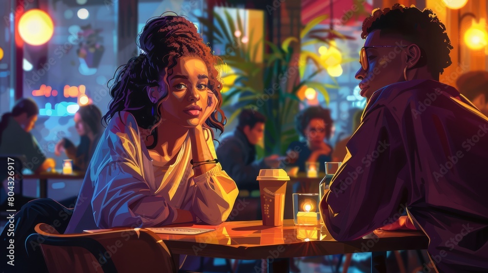 A beautiful painting of a couple sitting at a cafe table, talking and laughing.