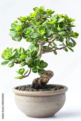 Crassula ovata, commonly known as jade plant, lucky plant, money plant or money tree, green houseplant in the pot, white background, plant lover concept 