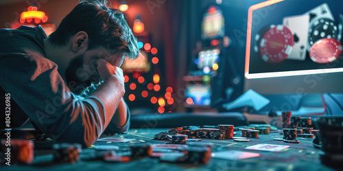 A man with his head in his hands at a poker table, surrounded by chips and cards, depicting the despair of gambling loss in a casino setting. photo