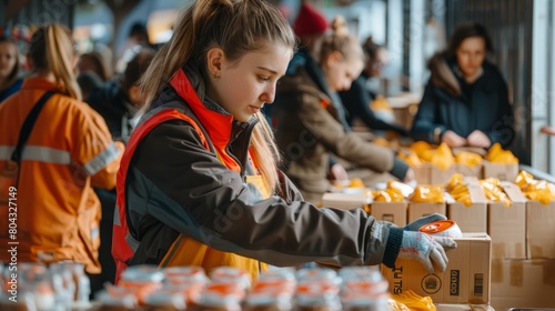 A young woman in an orange vest is packing boxes of food.