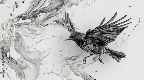 Nightingale flying drawing Aritistic Marble Effect photo