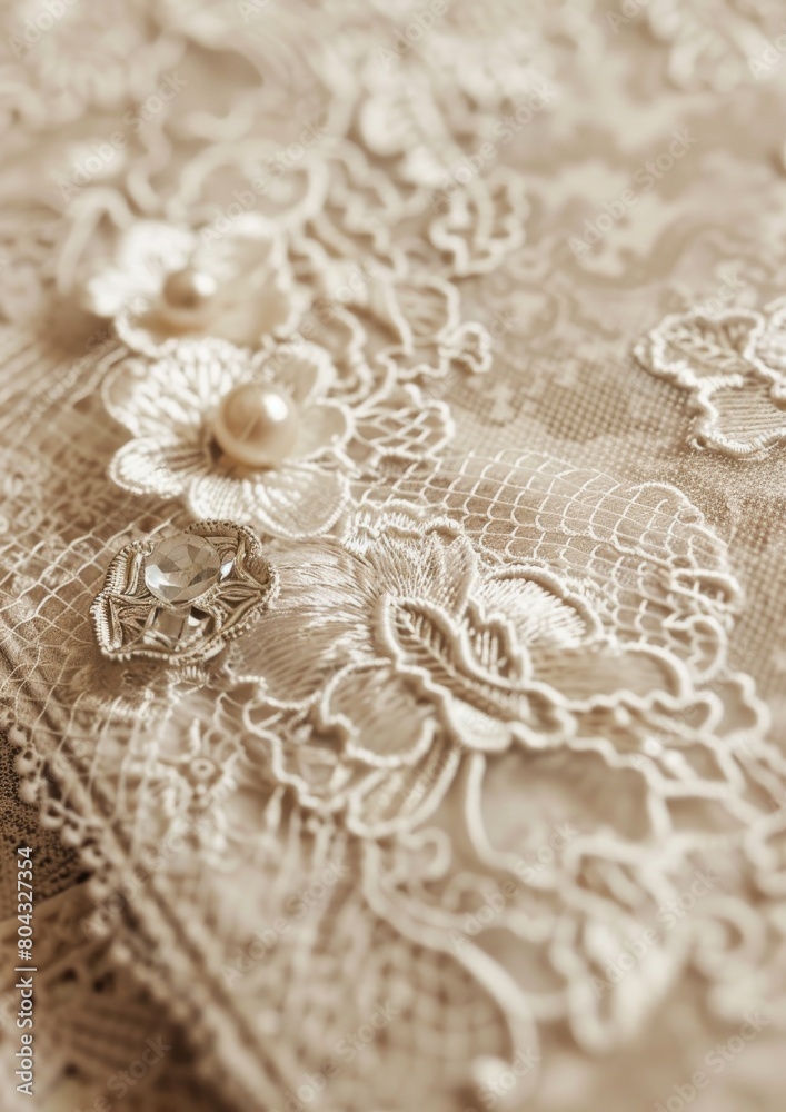 Obraz premium Close up of an intricate and delicate cream colored lace fabric with floral and geometric patterns.