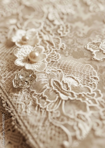 Close up of an intricate and delicate cream colored lace fabric with floral and geometric patterns.