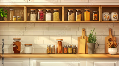 Cupboard with food and spices in light kitchen