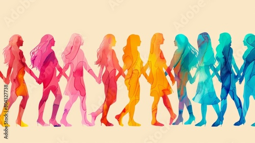 A group of watercolor women holding hands in a line
