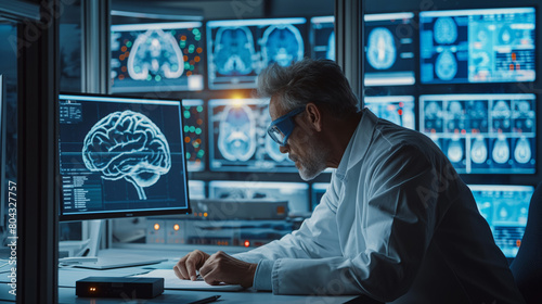 A focused neuroscientist examines brain imaging on multiple screens in a dimly lit control room