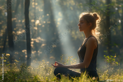 A young woman meditates peacefully in a sunlit forest photo