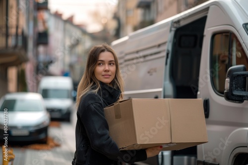 Woman carrying box while standing by delivery van in city