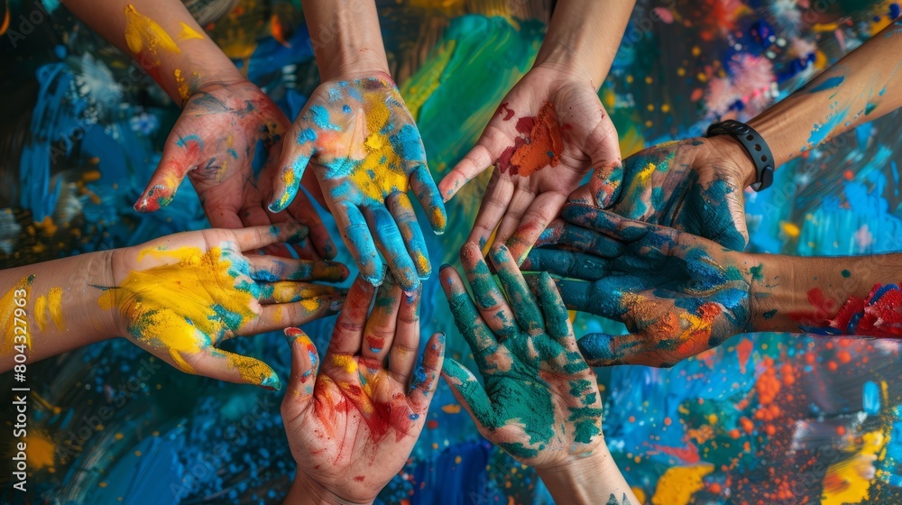 A group of people with colorful painted hands coming together.