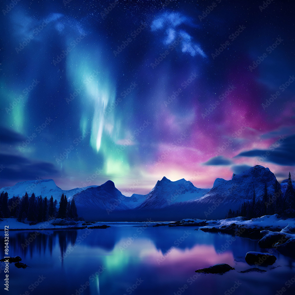 majestic sky with aurora and stars blue northern  ights wallpaper, Majestic Sky with Aurora and Stars: Blue Northern Light ai generate
