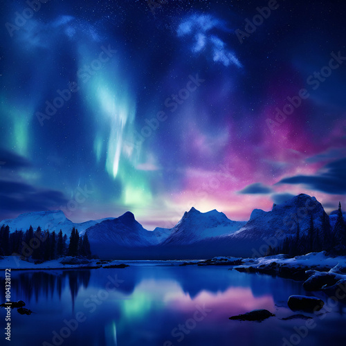 majestic sky with aurora and stars blue northern ights wallpaper, Majestic Sky with Aurora and Stars: Blue Northern Light ai generate 