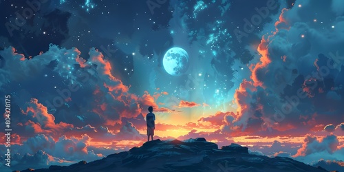 Ethereal landscape with a lone figure silhouetted against a dramatic colorful sky filled with a full moon stars and glowing clouds at dusk or dawn
